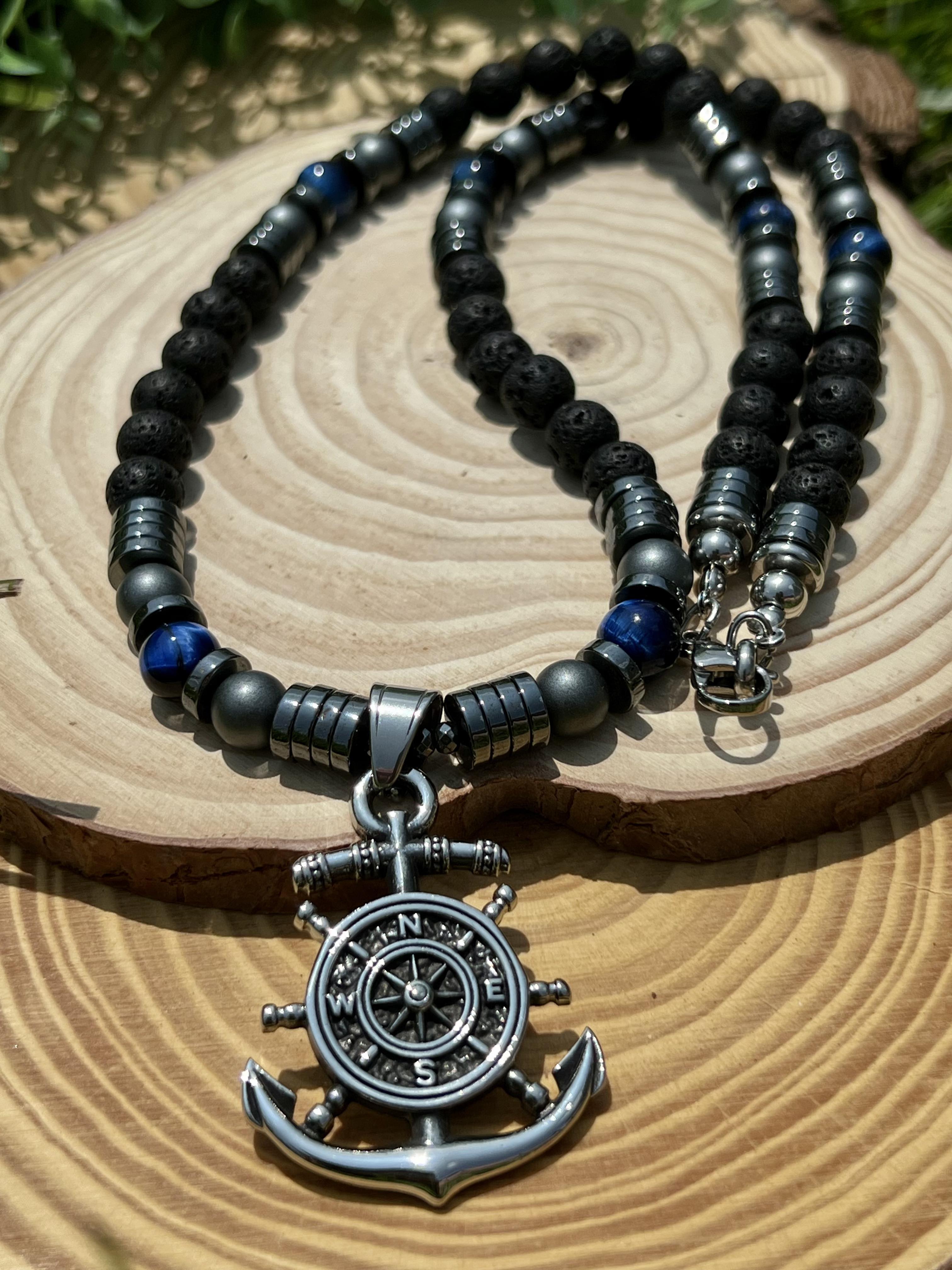 Unlock Your Inner Strength: Hematite, Blue Tiger Eye & Lava Stone Men's Beaded Necklace with Anchor, Helm & Compass Stainless Steel Pendant