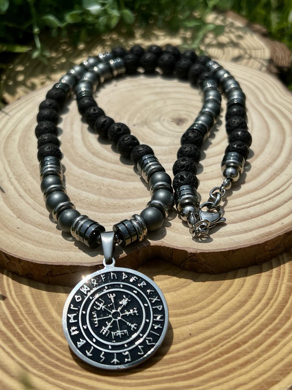 Viking Compass: Hematite & Lava Stone Men's Beaded Necklace - Find Your Direction in Style