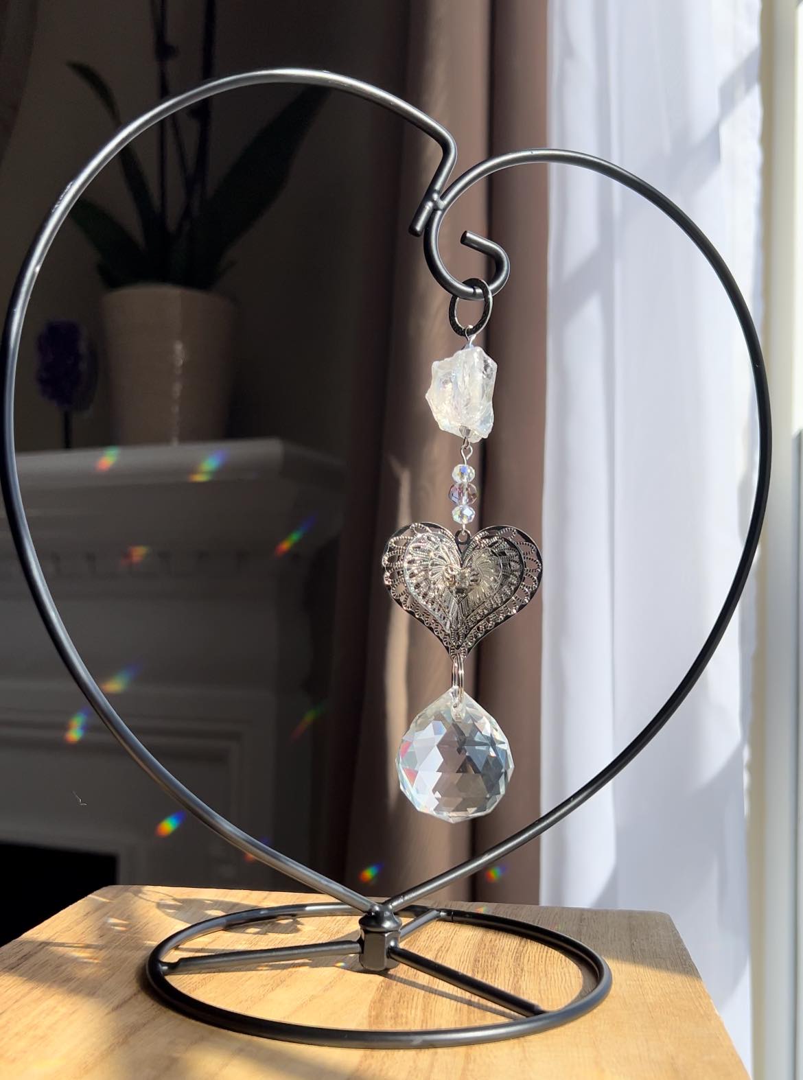 Handcrafted Heart Suncatcher Tabletop with Quartz Stone and Black Iron Stand
