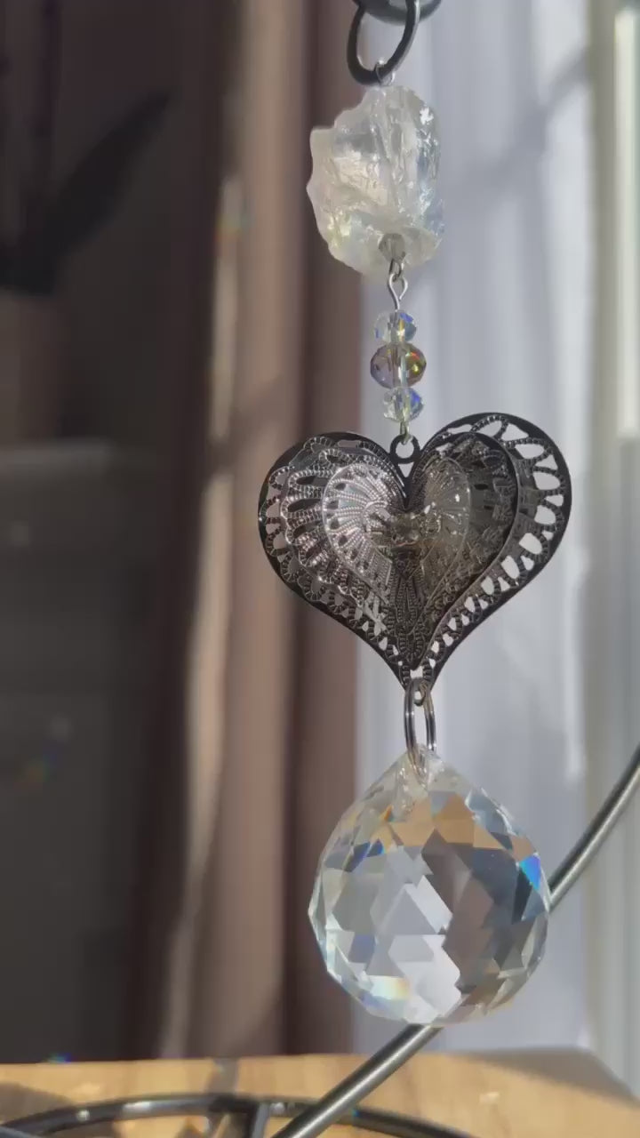 Handcrafted Heart Suncatcher Tabletop with Quartz Stone and Black Iron Stand