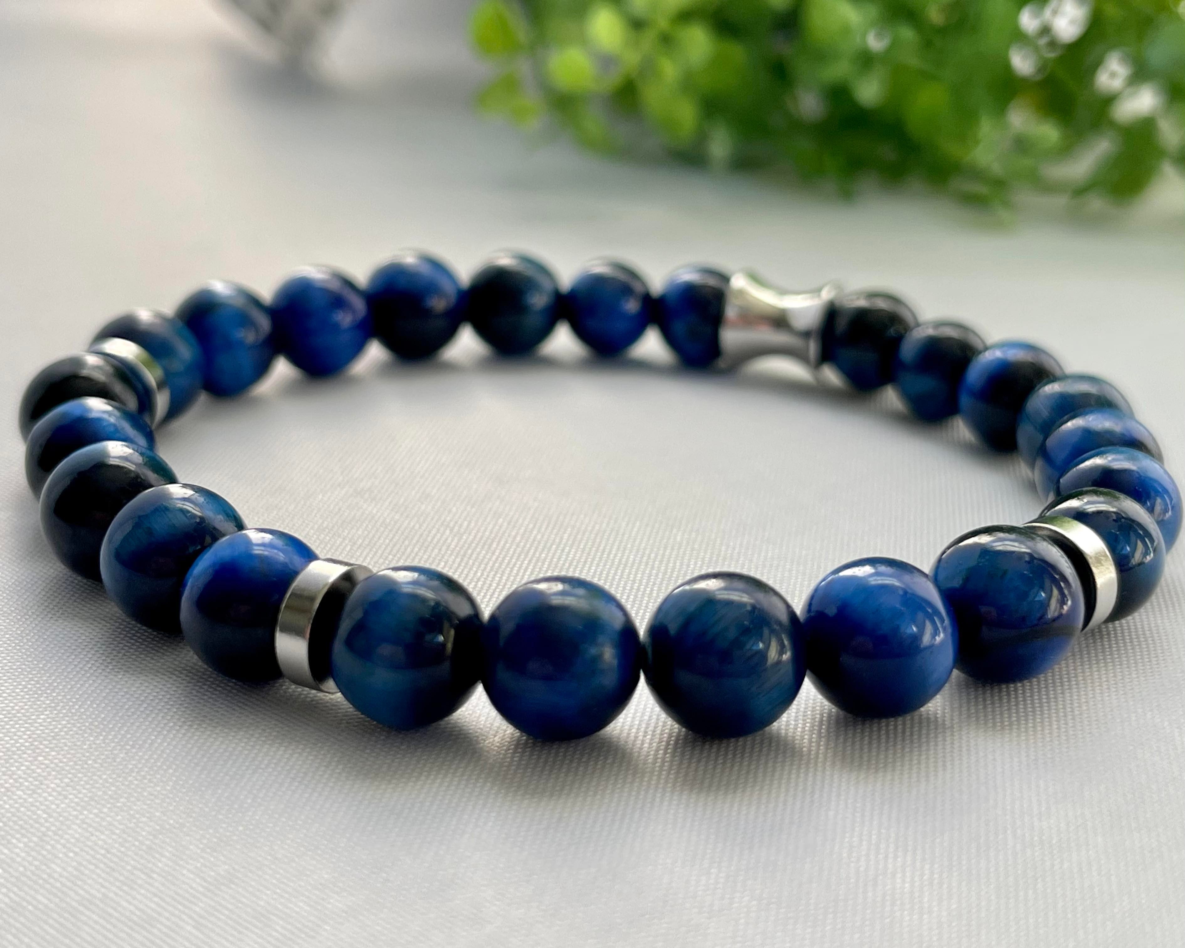 Natural Blue Round Tiger Eye with Stainless Silver Spacer