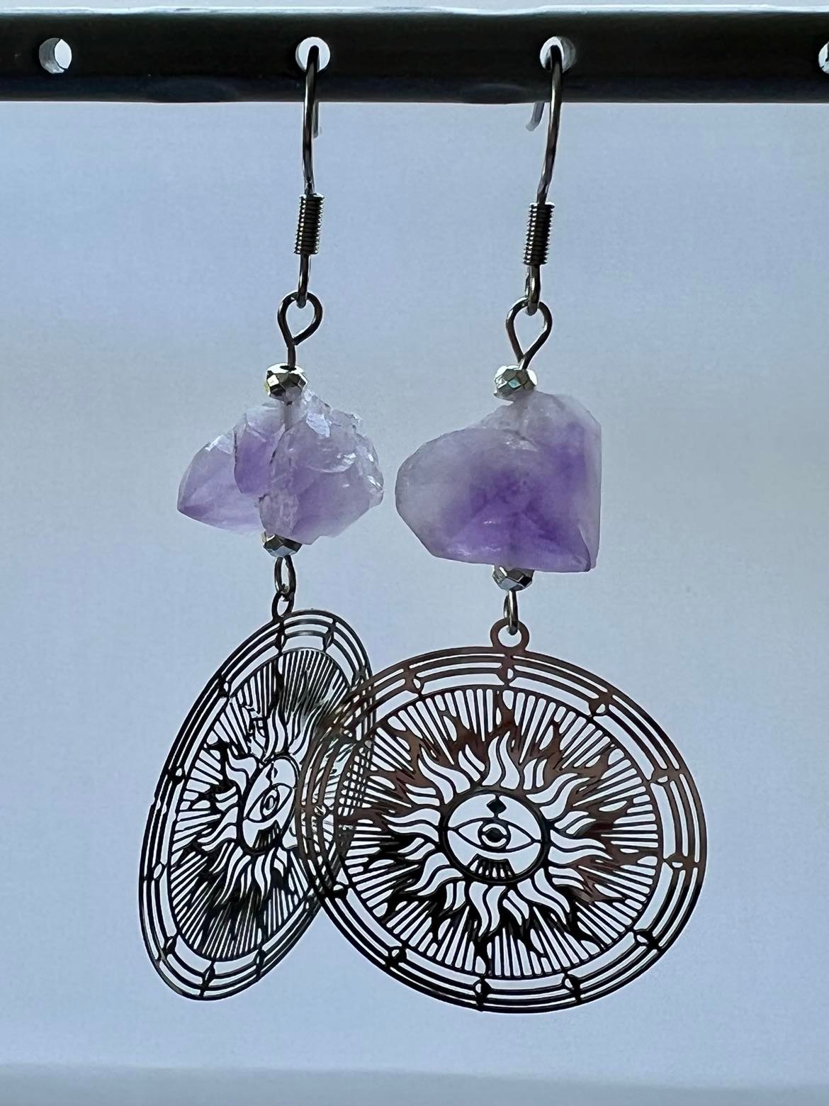 Natural Raw Amethyst Stone Protection Drop Earrings