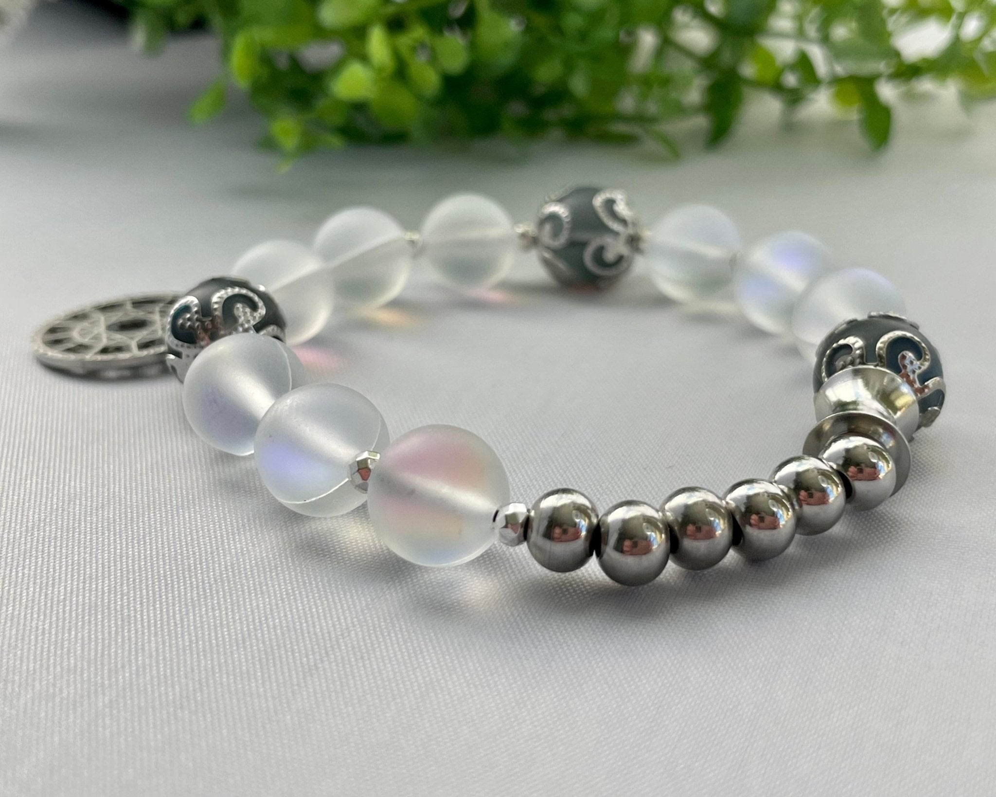 Angel Aura Quartz & Moonstone Stretchy Beaded Bracelet with Constellation Stainless Charm - CYR'S CREATIONS
