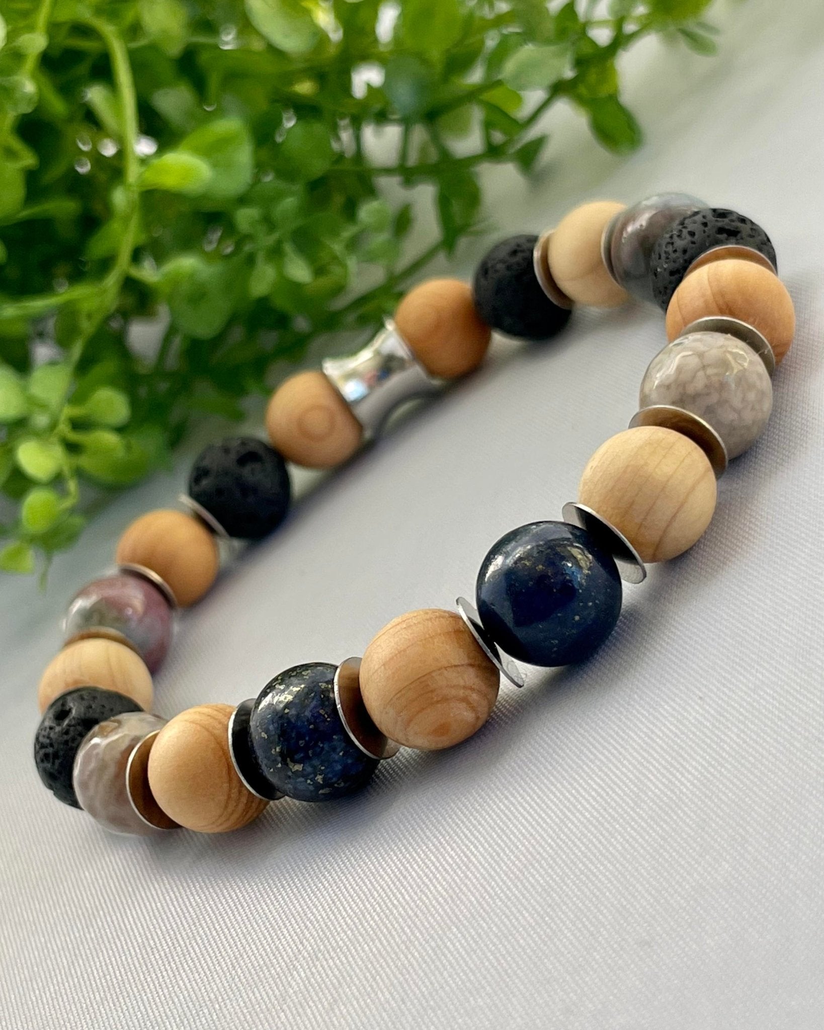 Aromatherapy Essential Oil Diffuser Lava & Sandalwood Beads with Agate & Lapis Lazuli Stones Stretch Bracelet - CYR'S CREATIONS
