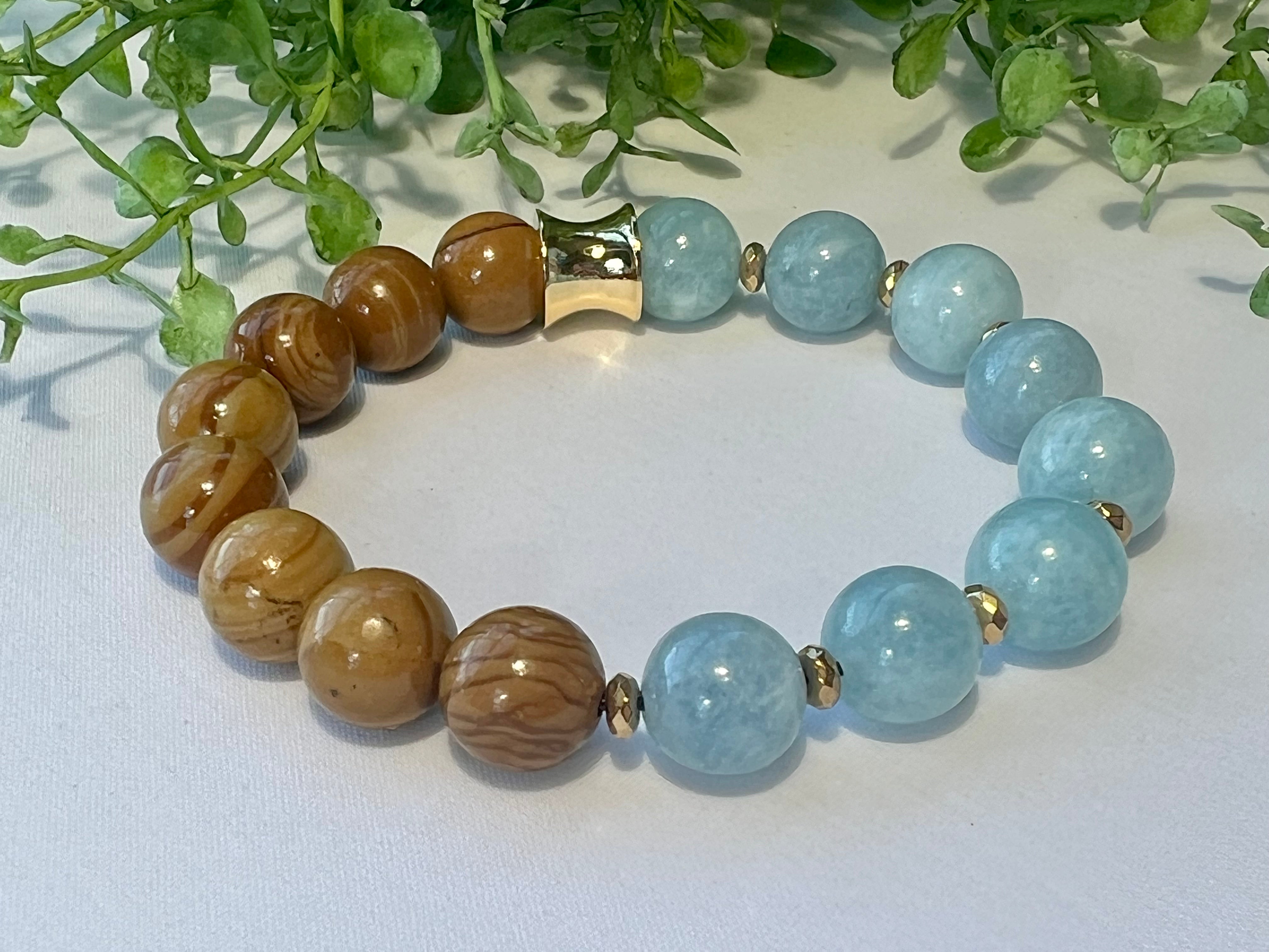 Blue Genuine Aquamarine Beaded Bracelet and Natural Brown Petrified Wood Stones 10 mm with Gold Heart Stainless Charm