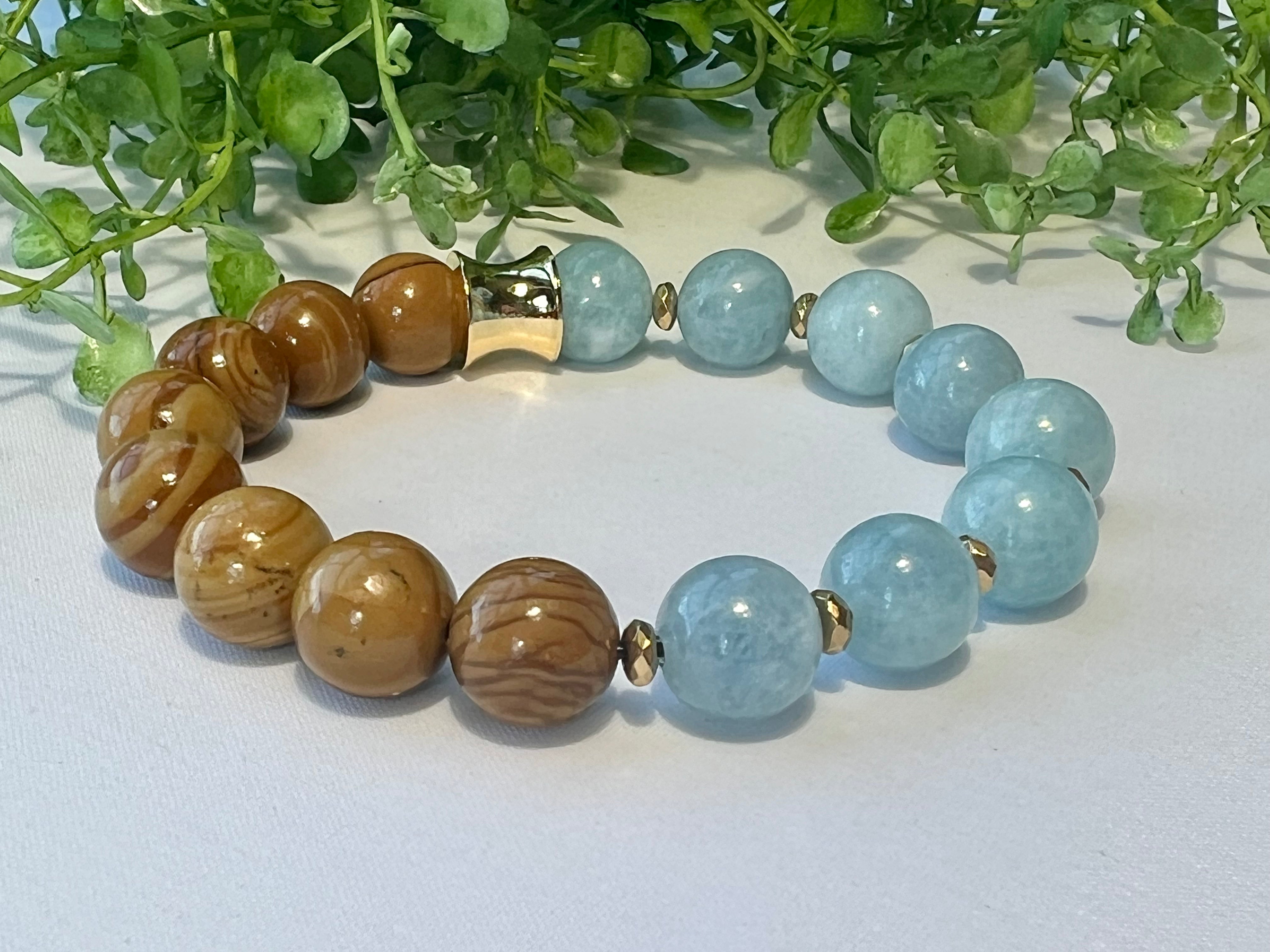 Blue Genuine Aquamarine Beaded Bracelet and Natural Brown Petrified Wood Stones 10 mm with Gold Heart Stainless Charm