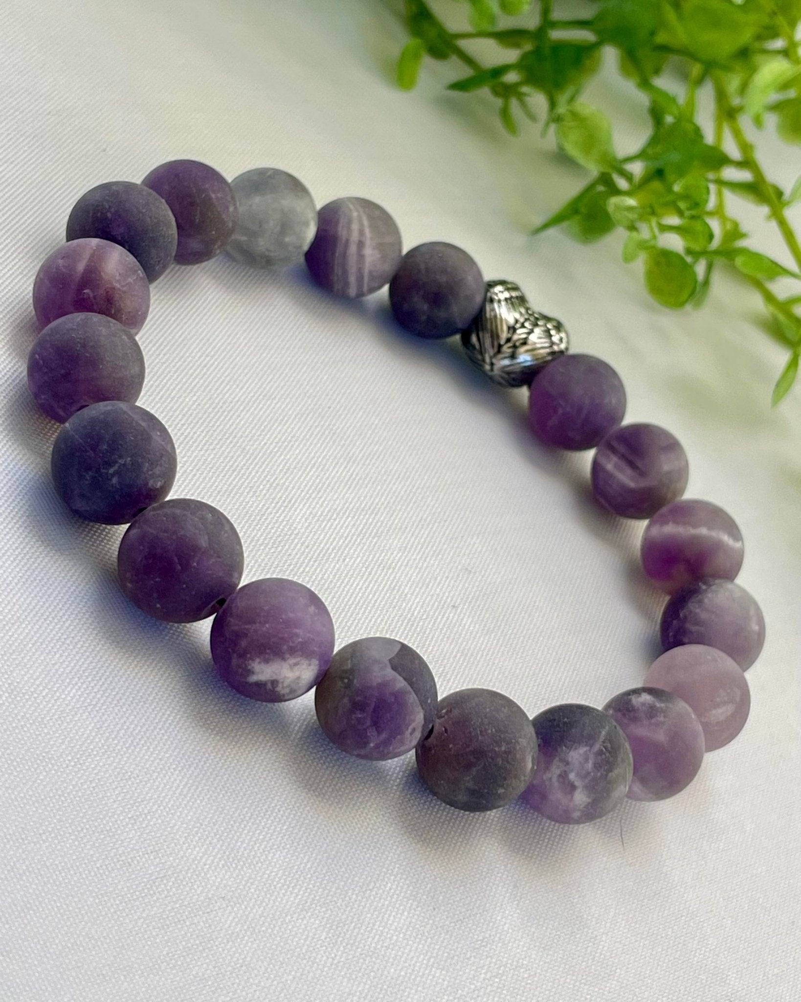 Matte Frosted Natural Amethyst Beaded Bracelet 10 mm with Heart Wings Stainless Beads - CYR'S CREATIONS