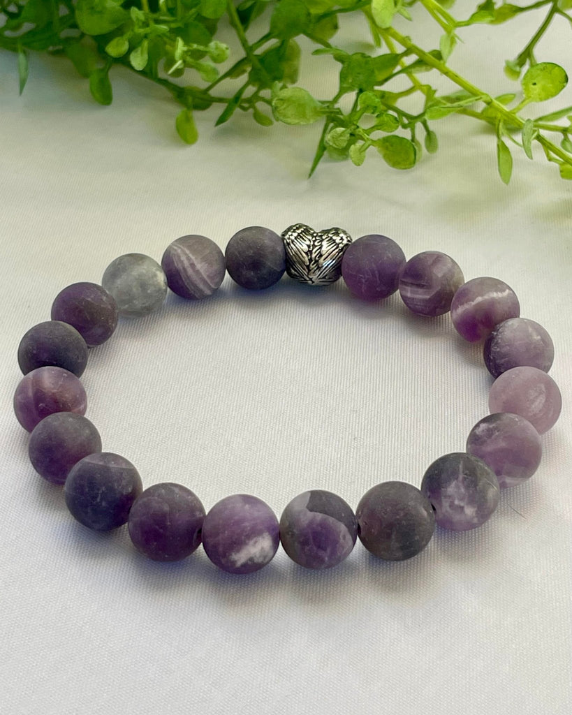 Matte Frosted Natural Amethyst Beaded Bracelet 10 mm with Heart Wings Stainless Beads - CYR'S CREATIONS