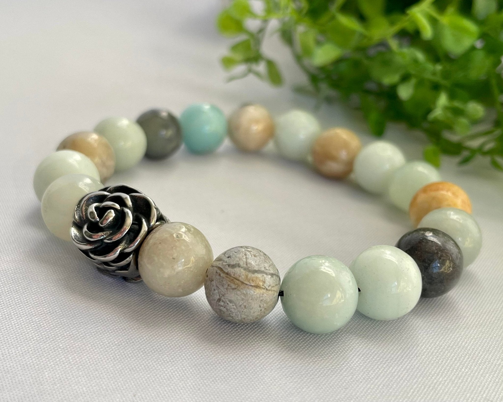 Natural Amazonite Stone 10 mm Stretchy Beaded Bracelet with Stainless Bead Flower - CYR'S CREATIONS