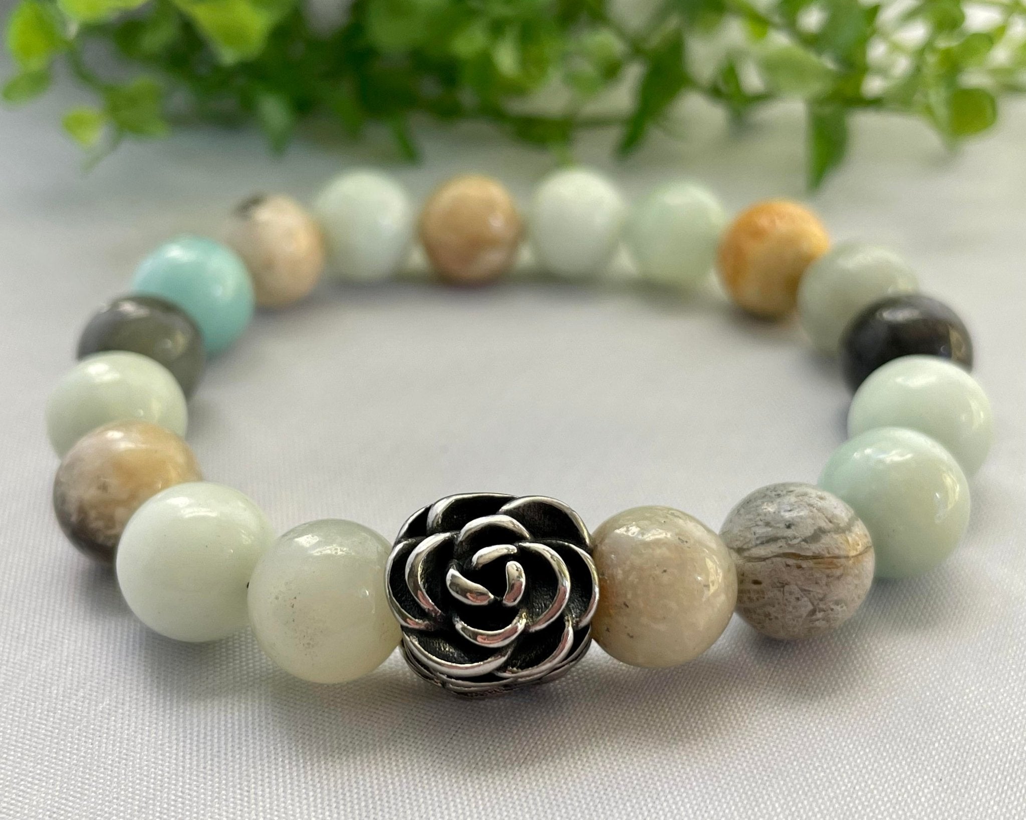 Natural Amazonite Stone 10 mm Stretchy Beaded Bracelet with Stainless Bead Flower - CYR'S CREATIONS